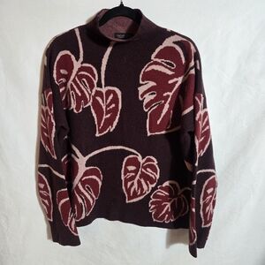 Rachel Zoe Burgundy and Pink Leaf Pattern Turtleneck Sweater